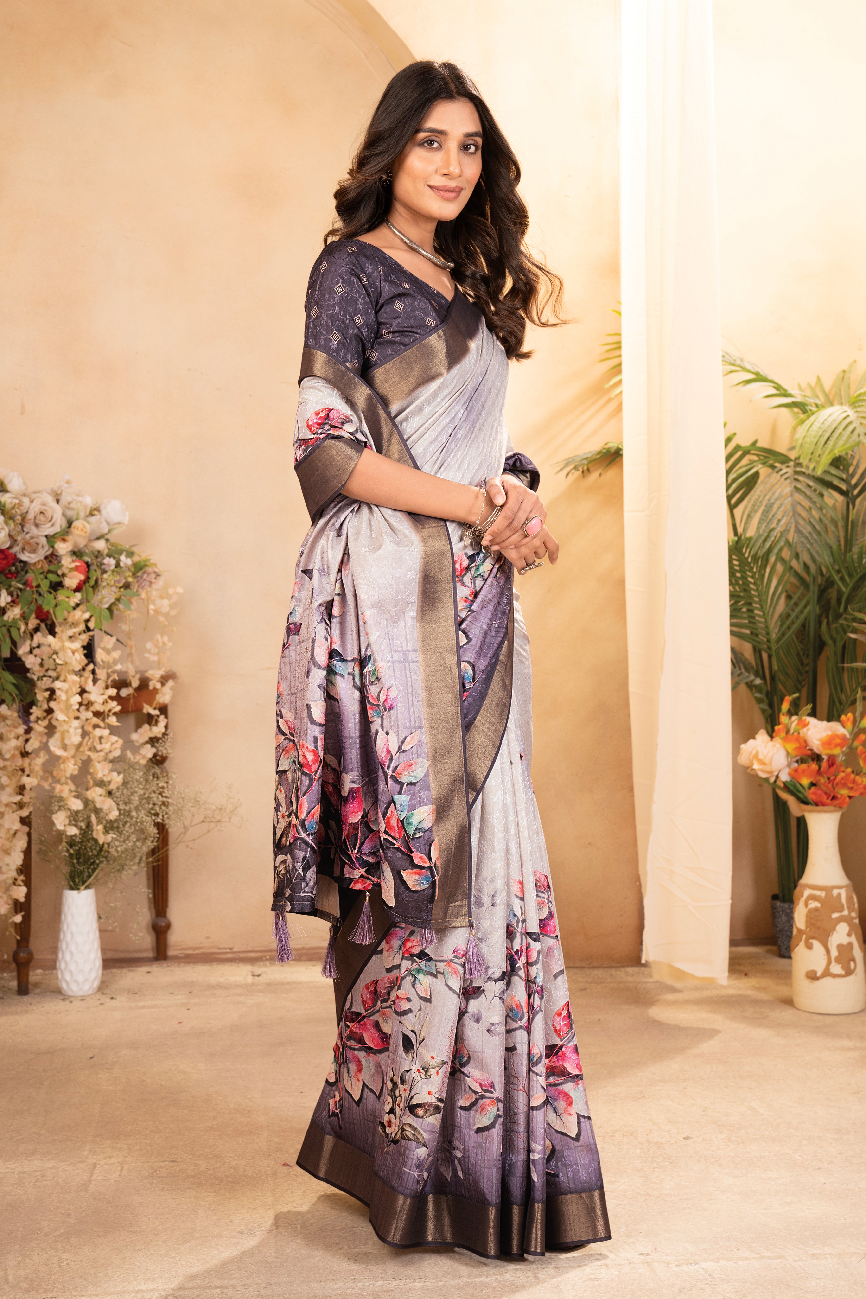 White Purple Floral Saree